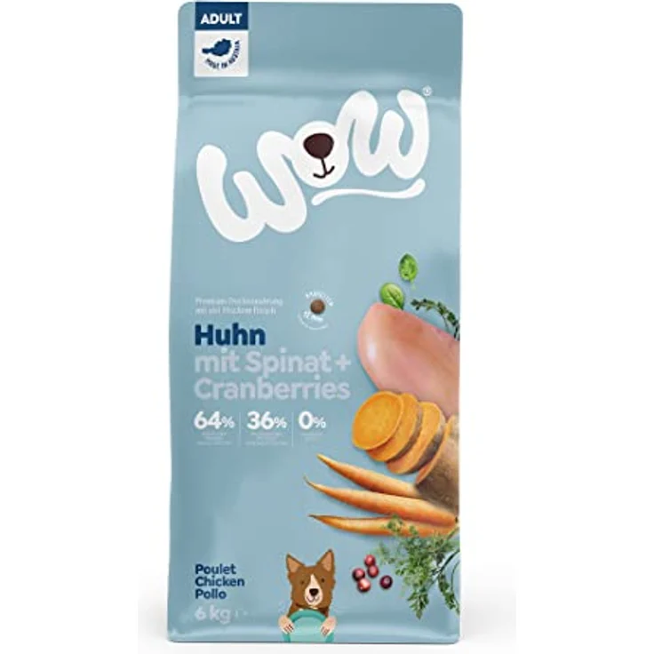 WOW Hunde-Trockenfutter Huhn, 100% natürlich, 6kg, mit 45% Fleisch und Gemüse für ausgewachsene Hunde – Bild 1