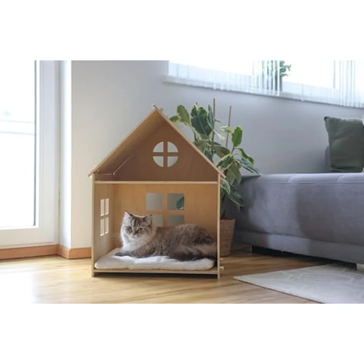 Kerbl Pet Indoor Katzenhaus Yvi, zweistöckige Katzenhütte aus Sperrholz, weiß mit herausnehmbarem Liegekissen, 53x38x67,5cm – Bild 4