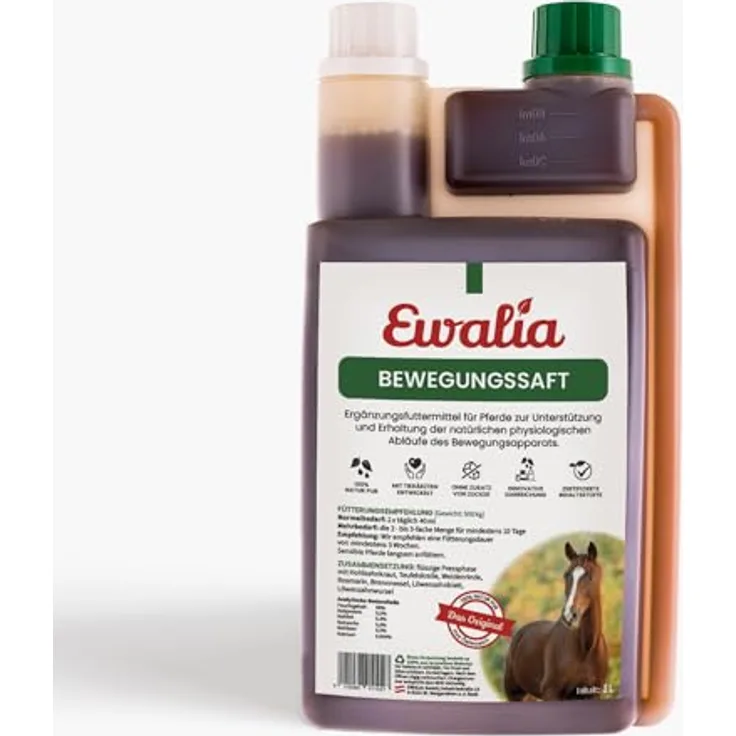 EWALIA Bewegungssaft, Premium Ergänzungsfuttermittel für Pferde zur Unterstützung des Bewegungsapparats, natürliche Förderung des Wohlbefindens mit Heilkräutern, 1 Liter