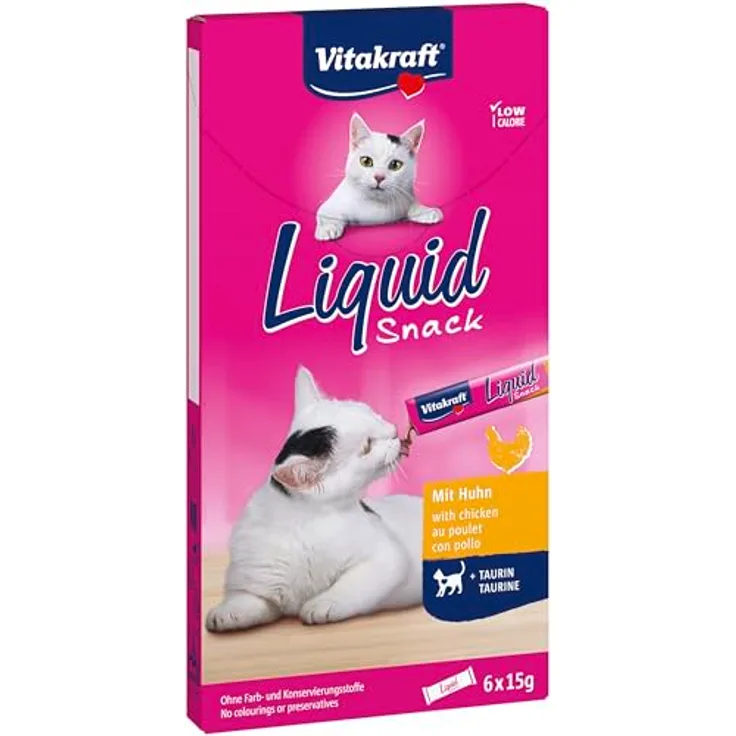 Vitakraft Liquid Snack, Katzen Leckerli mit Huhn und Taurin, cremig und kalorienarm, 6x15g Sachets zur Unterstützung von Augen und Herz