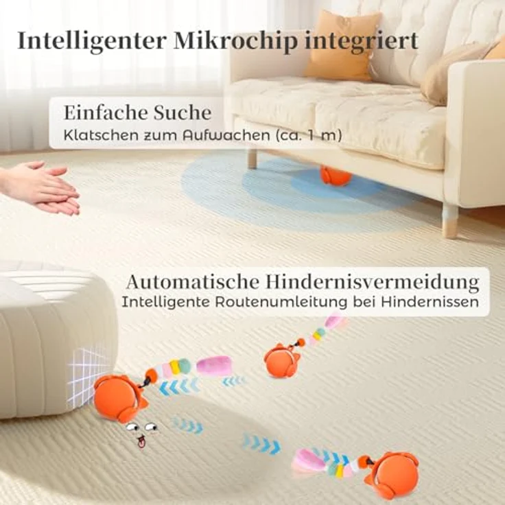 GoldenSun Automatischer Katzenspielzeugball mit Federschwanz, Bewegungsaktiviert, 3 LED-Lichtmodi, Wiederaufladbar über USB – Bild 3