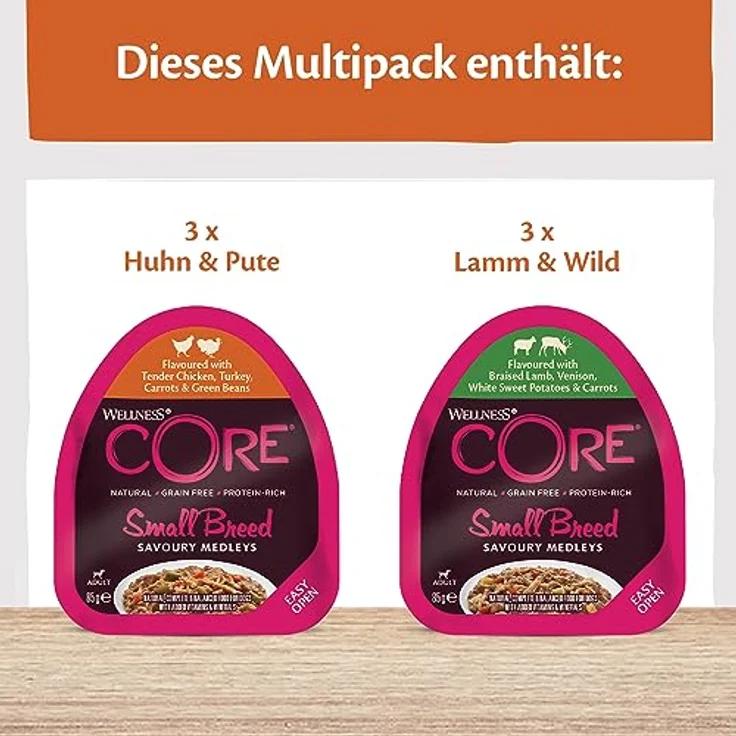 Wellness CORE Small Breed Savoury Medleys, Hundefutter nass für kleine Hunde, Farmer Selection Mix, 6 x 85 g, getreidefrei, hoher Fleischanteil, ohne Zuckerzusatz – Bild 2