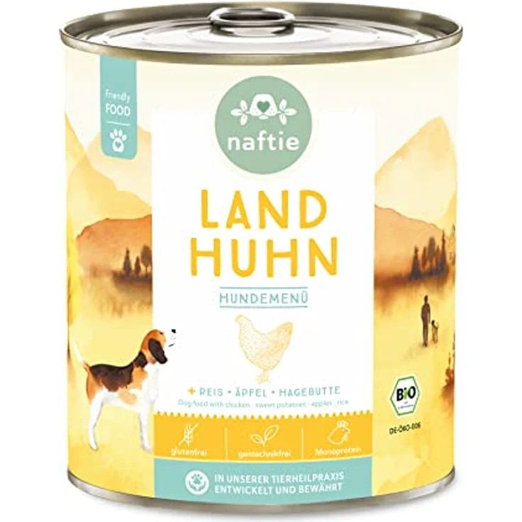 naftie Bio Hundefutter Land Huhn, Premium Nassfutter mit Huhn, Reis, Äpfeln und Hagebutten, glutenfrei, purinarm, für adulte & senior Hunde, 800g Dose – Bild 1