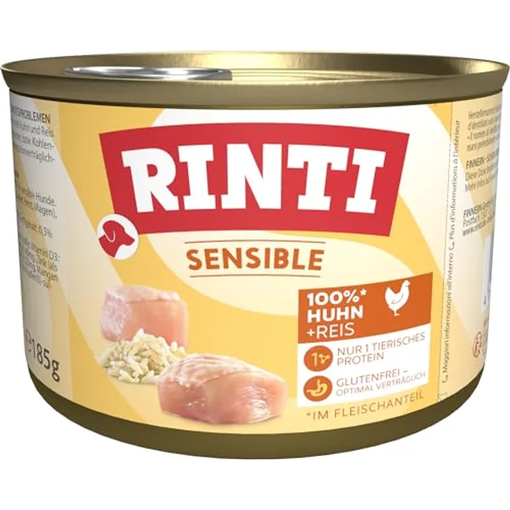 Rinti Hundefutter Sensible Huhn & Reis, Alleinfuttermittel für empfindliche Hunde, 12er Pack (12 x 185 g)
