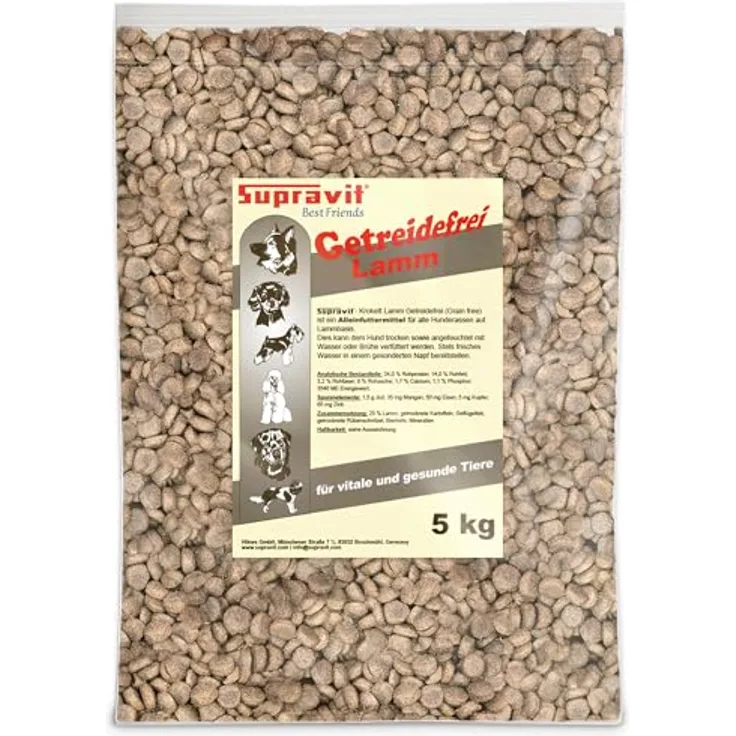 Supravit Hundefutter trocken, getreidefrei 5kg, Lamm und Kartoffeln, hohe Verträglichkeit, ideal für sensitive Hunde, feine Kroketten