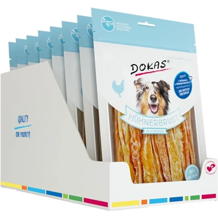 DOKAS Getreidefreier Premium Snack in Streifen, 100% Hühnerbrustfilet, fettarm, 8x 250 g – Bild 2