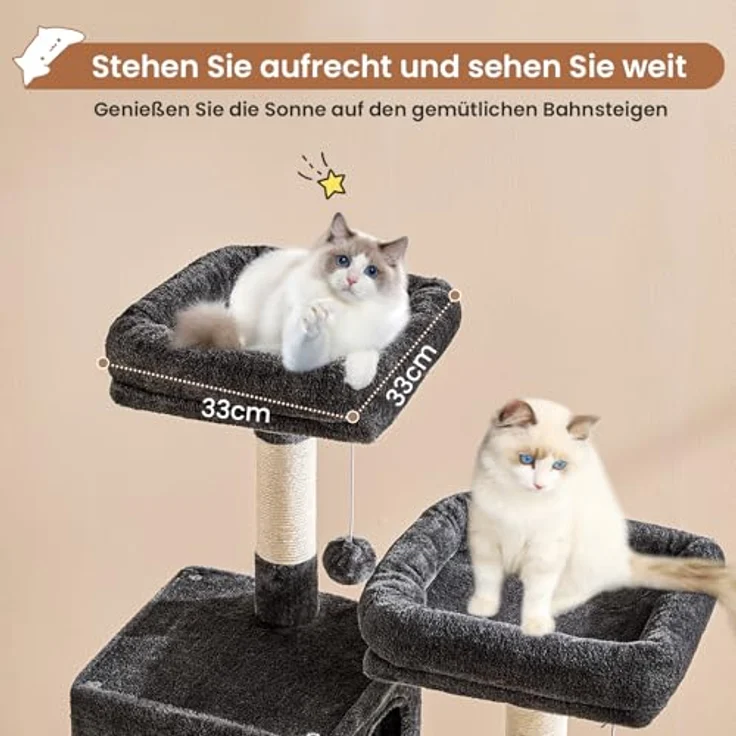 MSmask Kratzbaum groß, L Katzenbaum Stabil, Katzenkratzbaum mit 2 Plattformen, 2 Katzenhöhlen, Hängematte, Sisalsäulen, mehrstöckiger Kletterbaum für Katzen (Dunkelgrau, 160 cm) – Bild 4