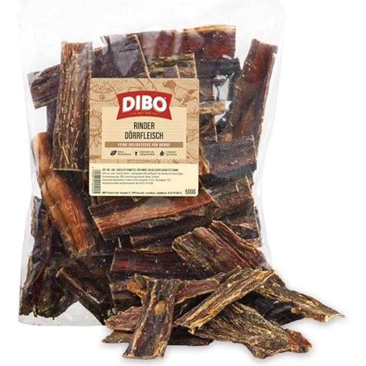 DIBO Rinder-Dörrfleisch 500g, natürlicher Kausnack ohne chemische Zusätze, schonend getrocknet, für Hunde – Bild 1