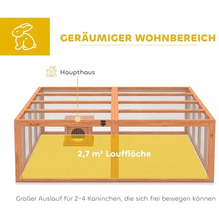 PawHut Kleintierstall Kaninchenstall für 2-4 Zwergkaninchen, Holz mit 2 Türen, Unterschlupfhaus, 180,4x150x48 cm, Orange – Bild 3