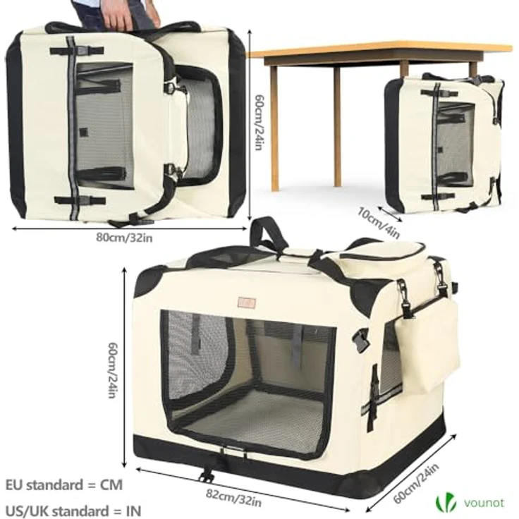 VOUNOT faltbare Hundebox XL, Transportbox für Hunde und Katzen, atmungsaktives Oxford-Gewebe, 82x60x60cm, beige, mit Grifffunktion und Taschen – Bild 4