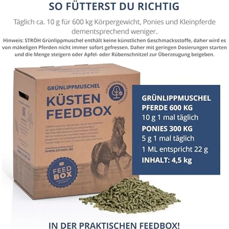 STRÖH Grünlippmuschel Pellets für Pferde, 4,5 kg Feedbox, zur Unterstützung von Sehnen, Bändern und Gelenken, 100% natürlich – Bild 4