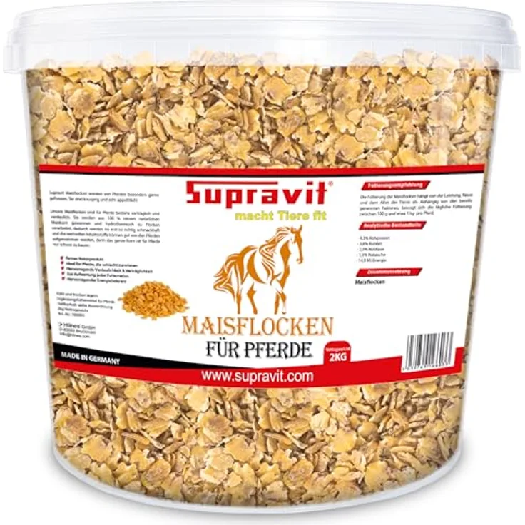 Supravit Maisflocken für Pferde, 2kg Eimer, naturrhein, energiereiches Ergänzungsfutter für schnelle Gewichtszunahme