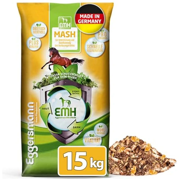 Eggersmann Mein Pferdefutter EMH Mash 15 kg, Ergänzungsfuttermittel zur Unterstützung der Darmflora & Verdauung, mit Omega-3- & Omega-6-Fettsäuren – Bild 1