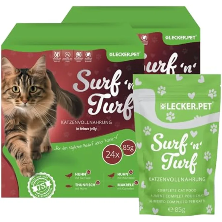 Lyra Pet Lecker.Pet® Surf'n'Turf Pouches, 48 x 85 g Katzenfutter in feiner Jelly, 4 Sorten Multipack, proteinreich, getreidefrei & glutenfrei