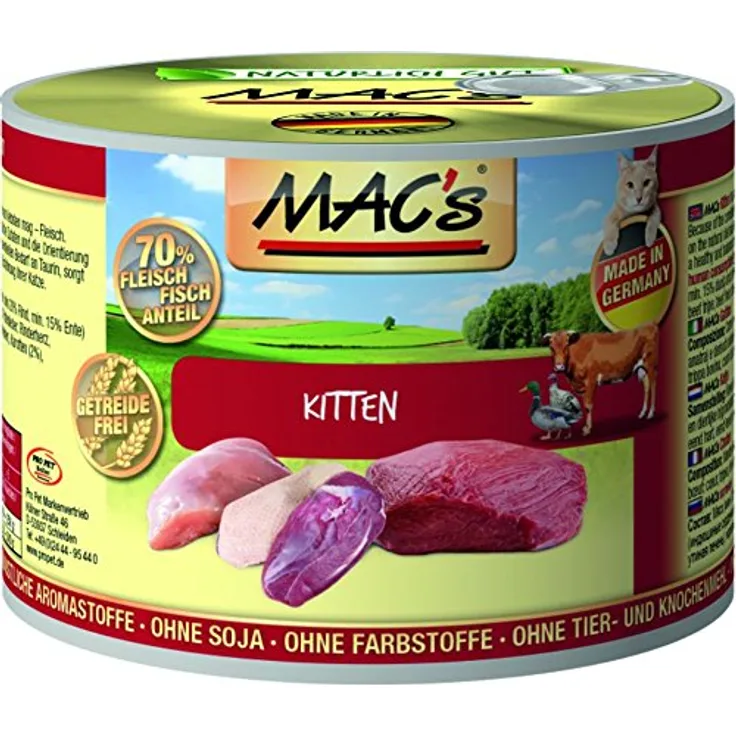 MAC's Cat Kitten Pute, Rind & Ente, getreidefreies Katzen-Nassfutter, 6 x 200 g, 45% Pute, 37% Rind, 15% Ente