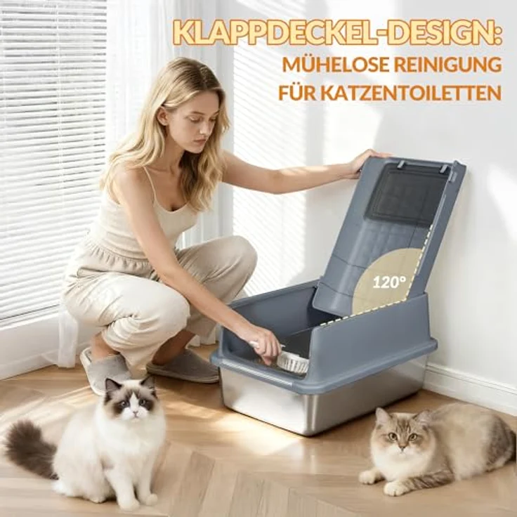 Fobyfurny XXL Edelstahl-Katzenklo mit Deckel, geschlossene Katzentoilette mit Schaufel und Fußstufe, herausnehmbar, 120° Klappdeckel, leicht zu reinigen, Dunkelgrau, FPLB001SG2 – Bild 2