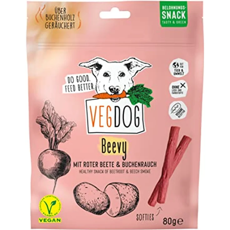 VEGDOG Beevys hypoallergener Snack für Hunde, 100% vegan mit Roter Beete und Reis, 9 x 80 g, glutenfrei und geräuchert mit Buchenholz – Bild 3
