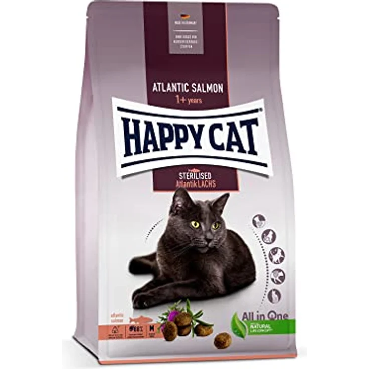Happy Cat 70579 - Sterilised Adult Trockenfutter Atlantik Lachs für sterilisierte Katzen und Kater, 1,3 kg, leicht verdaulich, fettarm, Made in Germany – Bild 1