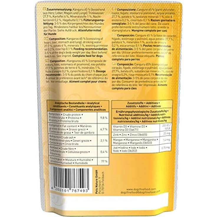 Dogz finefood Hundefutter nass N° 6 Känguru, Feinkost für Hunde & Welpen, getreidefrei & zuckerfrei, 65% Fleischanteil, 12 x 100 g Beutel – Bild 2