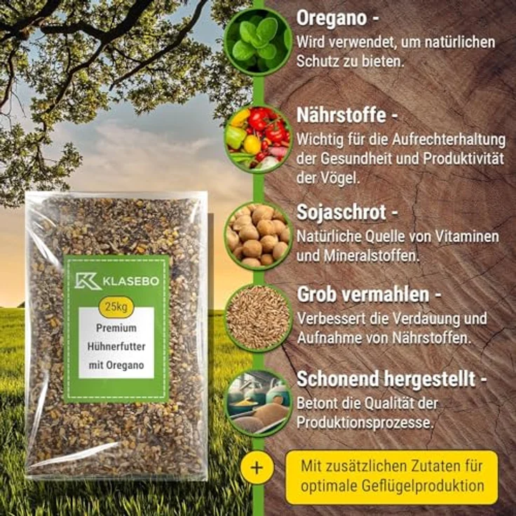 KLASEBO 25 kg Premium Hühnerfutter und Kükenfutter, Legemehl Plus mit Oregano - GVO-frei, nährstoffreich für Hühner, Gänse, Enten – Bild 4