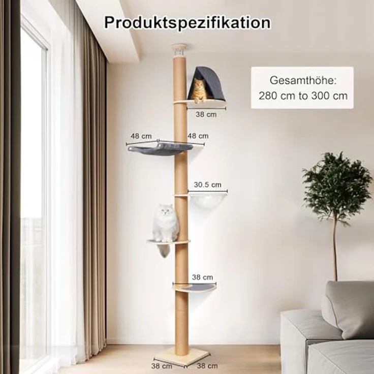 FUKUMARU Kratzbaum 6 Etagen, wandmontierter Katzenturm aus natürlichem Gummibaumholz, mit transparenter Raumkapsel und Hängematte, höhenverstellbar 220-300cm, grau – Bild 2