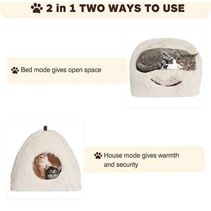 CATISM Katzenbett Waschbar, Flauschige Katzenhöhle mit rutschfestem Boden und 2-in-1 Design, Weiß – Bild 2