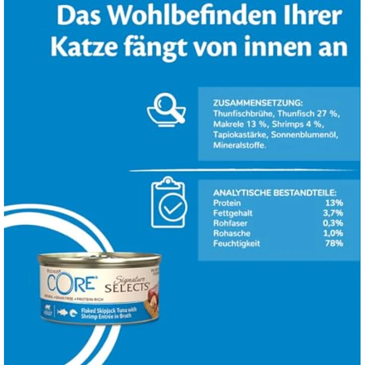 Wellness CORE Signature Selects Flaked Selection Mix, 8 x 79 g Nassfutter für Katzen in Brühe, getreidefrei, ohne Zuckerzusatz, hoher Fleischanteil, Thunfisch und Garnelen, Thunfisch und Lachs – Bild 5