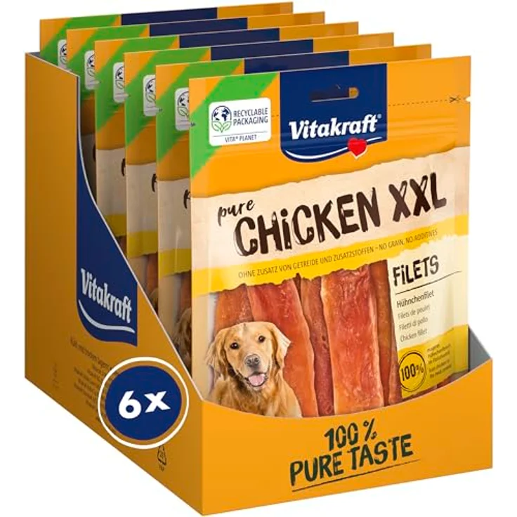 Vitakraft Pure Chicken XXL Filets, Hundeleckerli ohne Zucker, 6x250g mageres Hühnchenfilet, wiederverschließbar – Bild 1