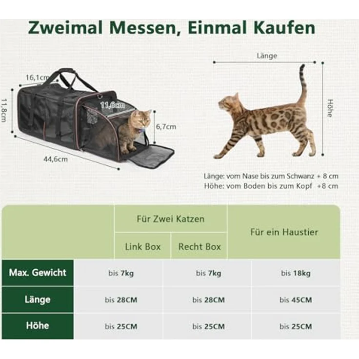 LitaiL Faltbare Katzentransportbox für 2 Katzen oder große Katze, mit zwei wasserdichten Katzentoiletten, atmungsaktiv und waschbar, Schwarz – Bild 3