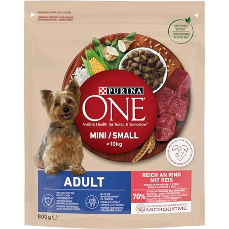 PURINA ONE Mini/Small Adult Hundefutter, trocken für kleine Hunde bis 9kg, reich an Rind und Reis, 8er Pack (8 x 800g) – Bild 1
