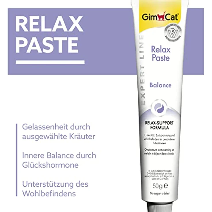 GimCat Relax Paste 50 g, Katzenfutter mit Eschscholtzienkraut, L-Tryptophan und Vitamin B-Komplex, laktosefrei und ohne Zusatzstoffe – Bild 2