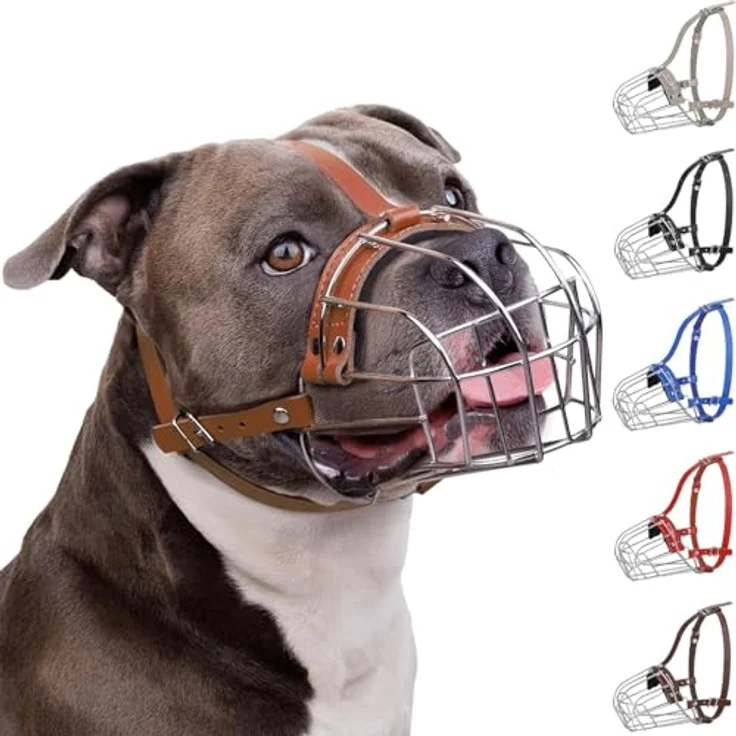 BRONZEDOG Metall-Maulkorb für große Hunde, Amstaff Drahtkorb mit verstellbaren Lederriemen und Neopren-Polsterung, Braun – Bild 1