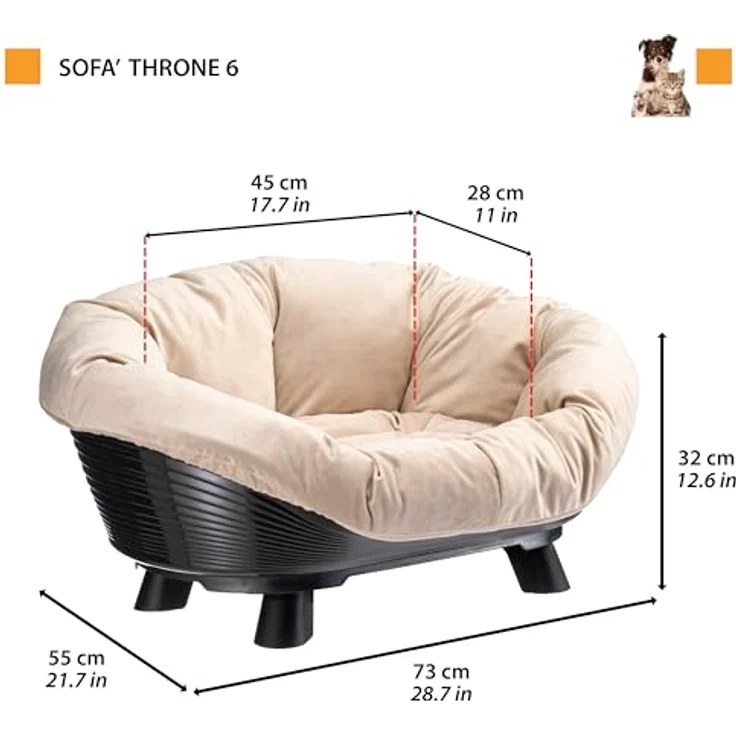 Ferplast Sofa' Throne Hundebett & Katzenbett, waschbar, atmungsaktiv & rutschfest, erhöhtes Design, 73 x 55 x h 32 cm, Schwarz – Bild 2