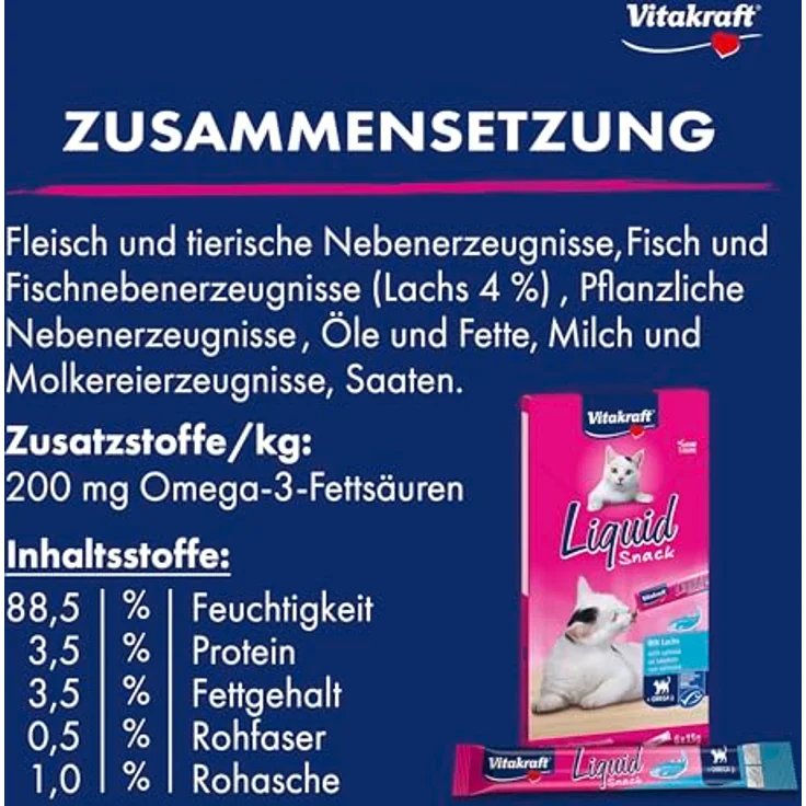 Vitakraft Cat Liquid-Snack mit Lachs + Omega 3, Katzensnack im Sparpaket 24 x 15 g, kalorienarm, ohne Farb- und Konservierungsstoffe – Bild 5
