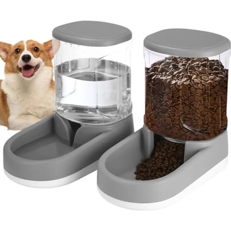 Zounin Automatischer Futterspender 2-in-1 Set für Katzen und Hunde, 2 x 3,8 L, Wasserspender für kleine, mittelgroße und große Haustiere (Grau)