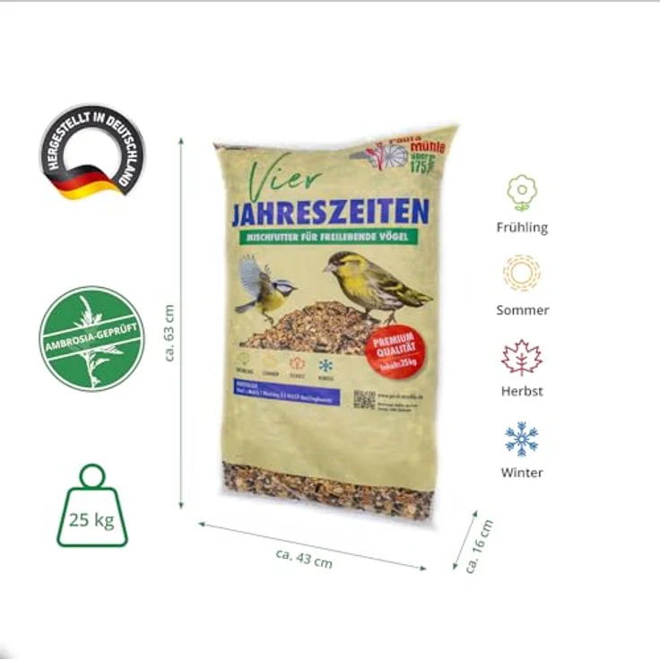 Paul's Mühle Wildvogelfutter 4-Jahreszeiten, Ganzjahresfutter für Wildvögel, 25 kg, hochwertige Zutaten für ganzjährige Fütterung – Bild 3