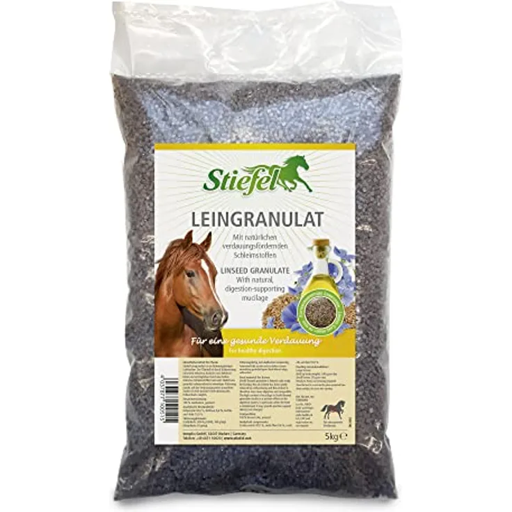 Stiefel Leingranulat, 100% natürlicher fütterungsfertiger Leinkuchen zur Verdauungsunterstützung & Fellwechsel, Kaltpressung, 5kg