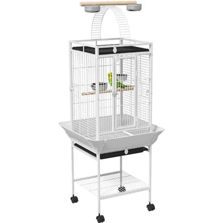 PawHut Vogelkäfig für Nymphensittiche, 3-türiger Papageienkäfig mit 2 Sitzstangen, 360° Rollen, herausnehmbarem Tablett, 62,5x62,5x156cm, Weiß