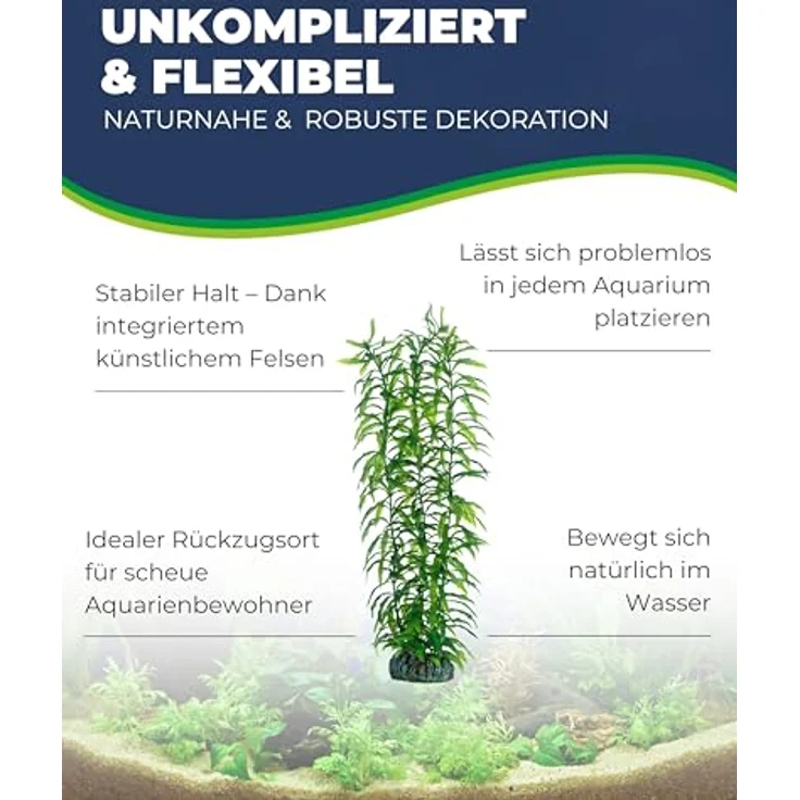HOBBY Aquariendeko Heteranthera, künstliche Aquariumpflanze 34 cm mit natürlicher Bewegung und Felsenbasis – Bild 3