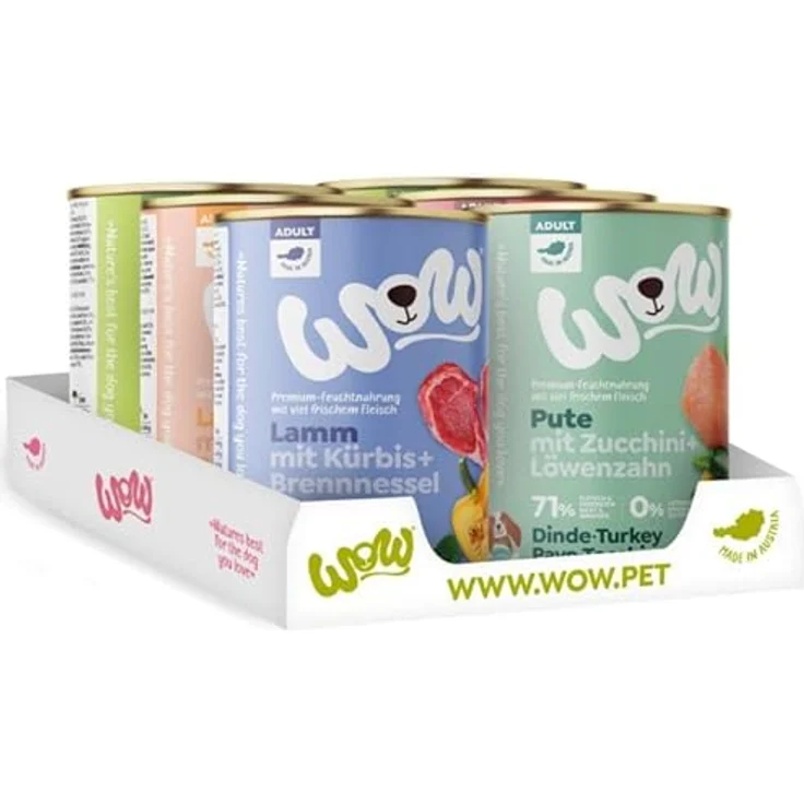 Wow Hundefutter nass Adult Mixpaket 6 Sorten x400g, reichhaltiges getreidefreies Nassfutter für ausgewachsene Hunde aller Rassen, 71% Fleischanteil, ohne Zucker, hohe Verträglichkeit – Bild 2