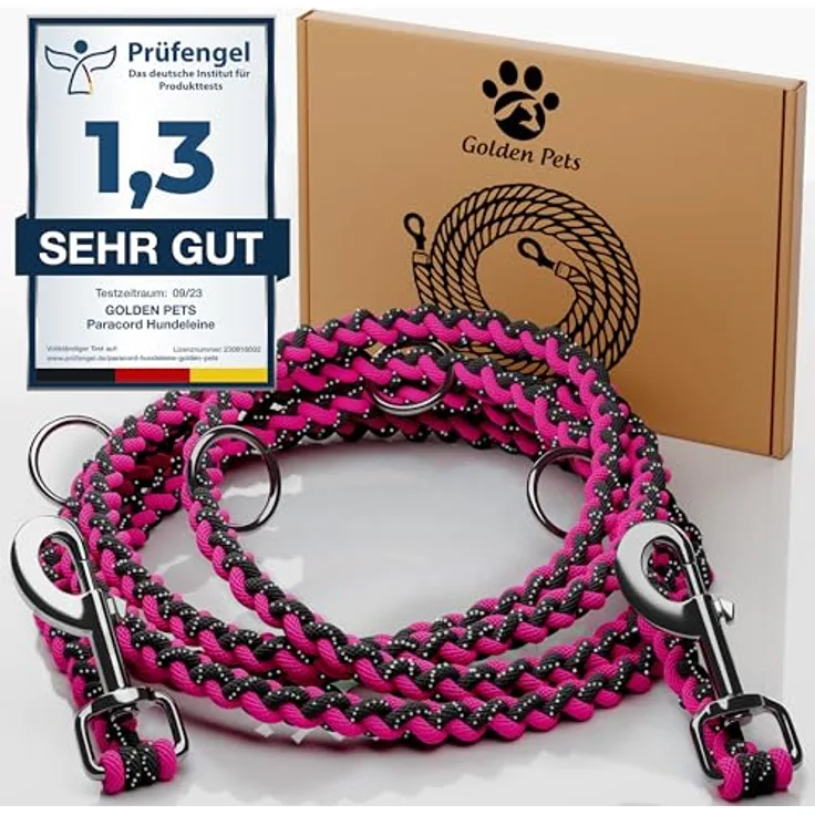 Golden Pets Hundeleine, reflektierend, 2m verstellbar, wetterfest & reißfest bis 250 kg, Paracord Führleine für kleine - große Hunde
