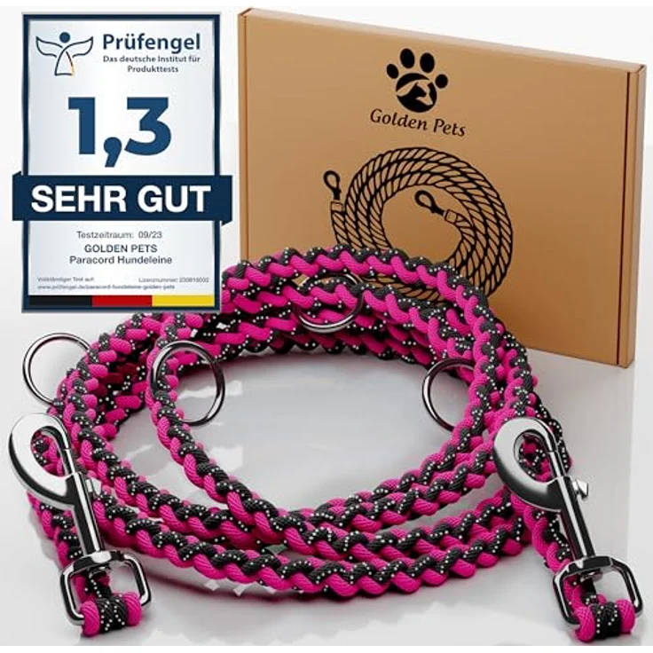 Golden Pets Hundeleine, reflektierend, 2m verstellbar, wetterfest & reißfest bis 250 kg, Paracord Führleine für kleine - große Hunde – Bild 1