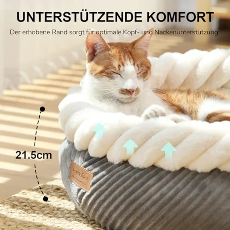 FUKUMARU Katzenbett, waschbar, 55x55x21cm, runder Katzenkorb mit erhöhtem Rand, weiches Cord, rutschfeste Unterseite, grau – Bild 4