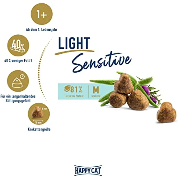 Happy Cat 70603 Sensitive Adult Light, Trockenfutter mit Geflügel für übergewichtige Katzen, fettarm, 1,3 kg – Bild 2