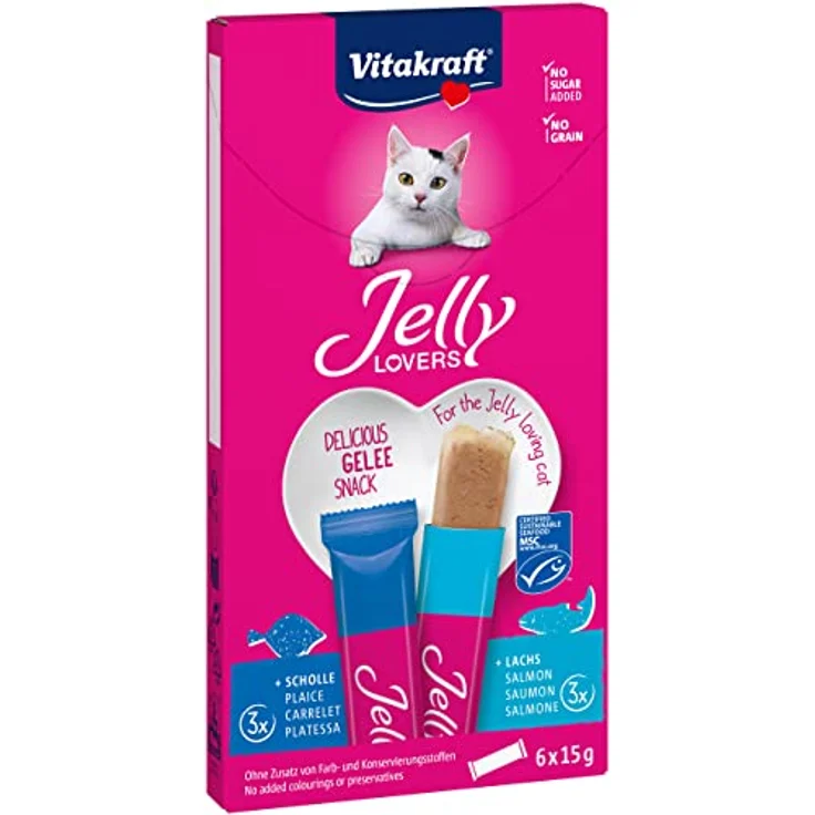 Vitakraft Jelly Lovers, Katzen Leckerli, Gelé Katzensnack mit Lachs und Scholle, ohne Zuckerzusatz, 6x15g – Bild 1