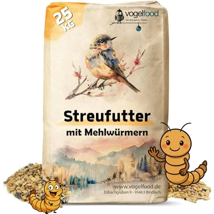 vogelfood 25 kg Streufutter mit Mehlwürmern für Wildvögel, hochwertige Ganzjahresmischung ohne Ambrosia – Bild 1