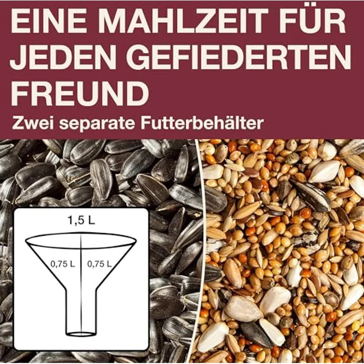 SWISSINNO Davos SMART Birds Vogelfutterhaus, Rattensicher, mit Auffangschale und dualem Kammersystem, burgund – Bild 5