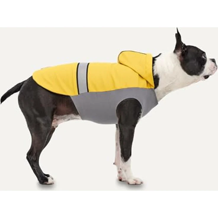 Goo-eez Gooeez Reflective Hooded Raincoat L, wasserdichter Hundemantel in Gelb/Grau mit reflektierendem Besatz und optimierter Passform – Bild 4