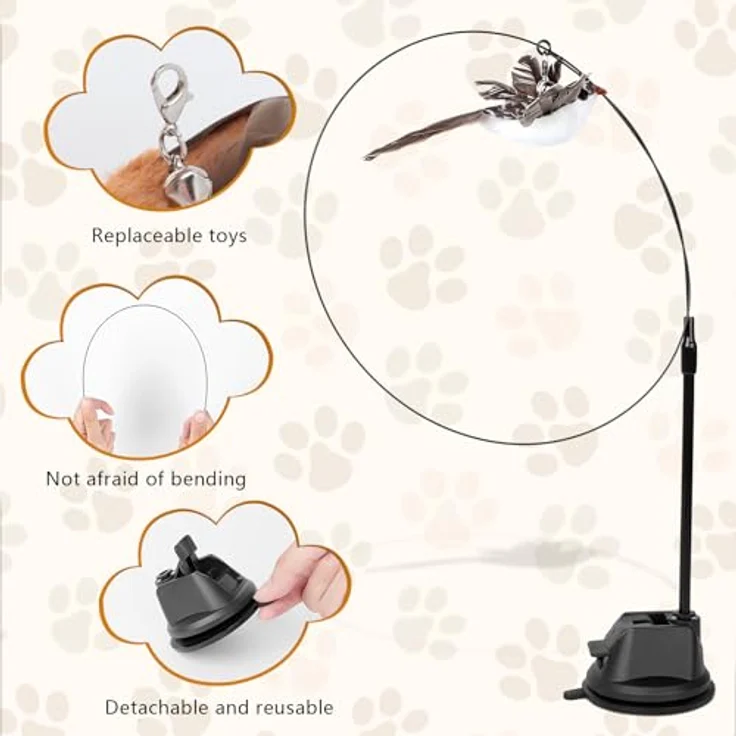 AiQInu Katzenspielzeug-Set, 4-teilig mit interaktiver Katzenangel (92cm), 2 Vögeln mit Glöckchen, verbesserter Saugnapf (7cm), hochwertiges Material für agiles Spielen – Bild 5