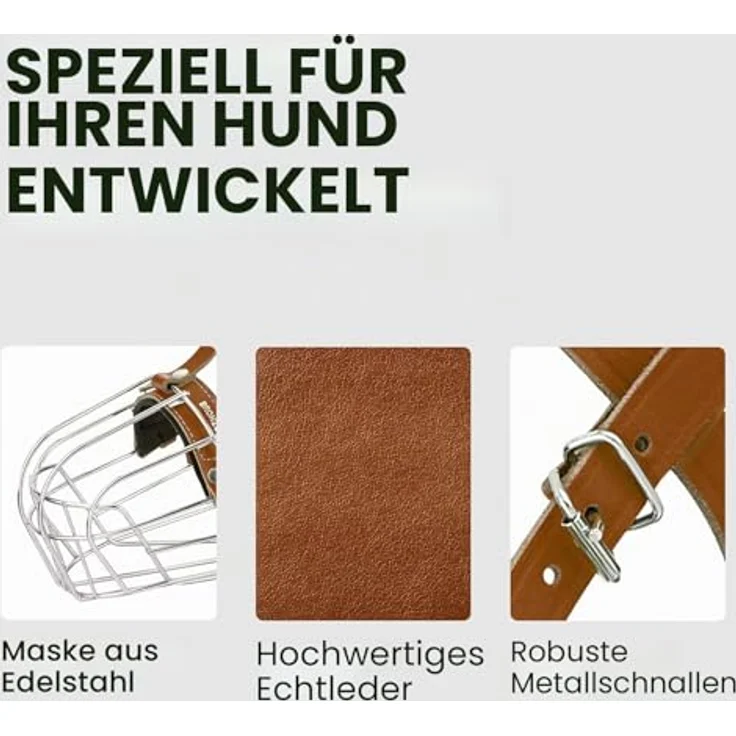 BRONZEDOG Metall-Maulkorb für große Hunde, Amstaff Drahtkorb mit verstellbaren Lederriemen und Neopren-Polsterung, Braun – Bild 4